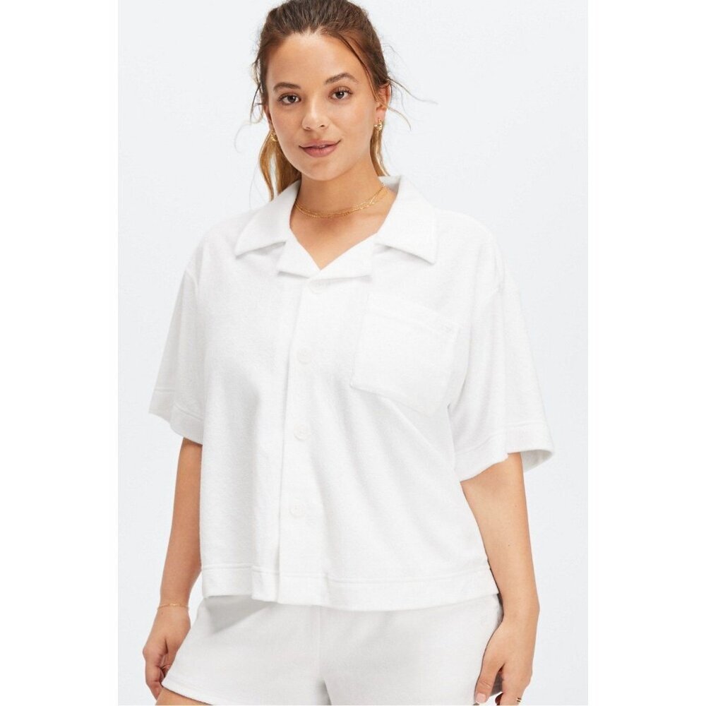 Fabletics Women's Island Terry Boxy Button Up Short Sleeve Collard White Size M